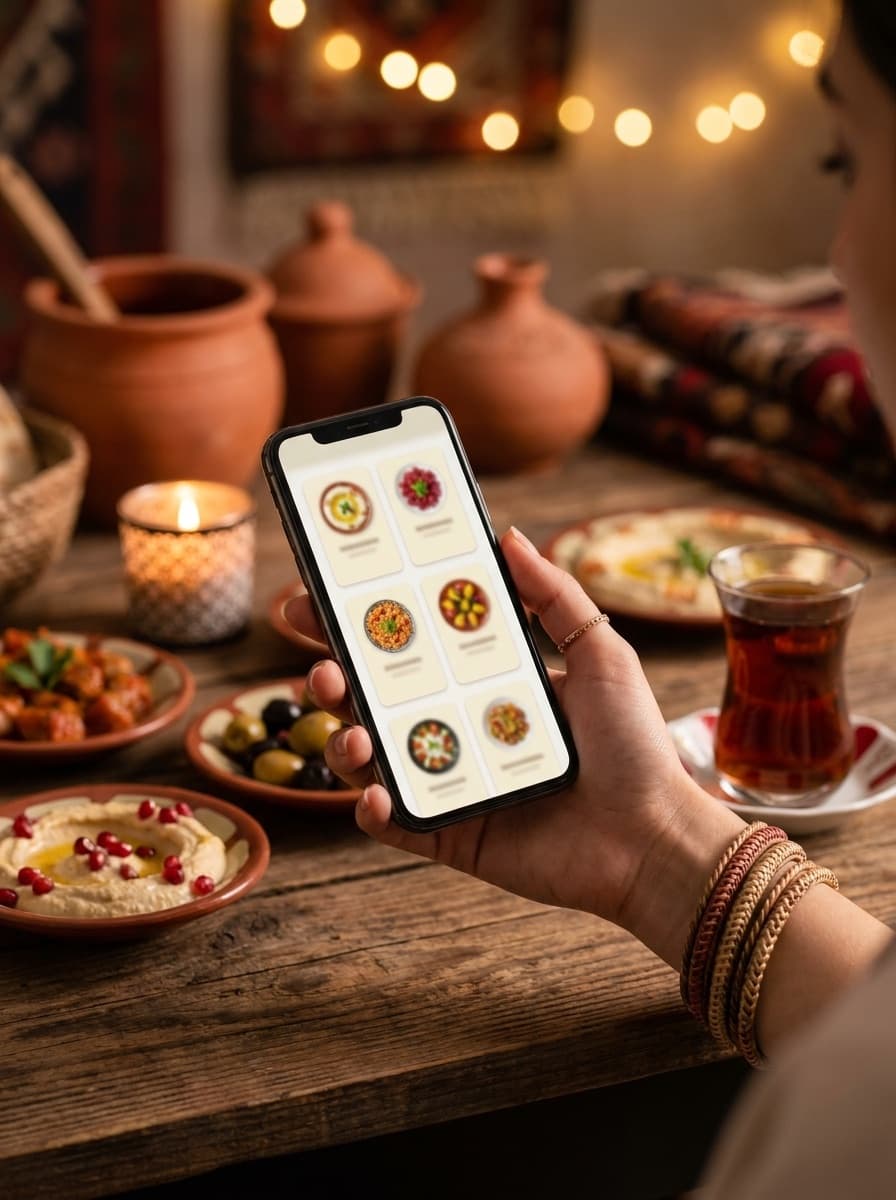 Masada telefonuyla QR dijital menüye bakan restoran misafiri