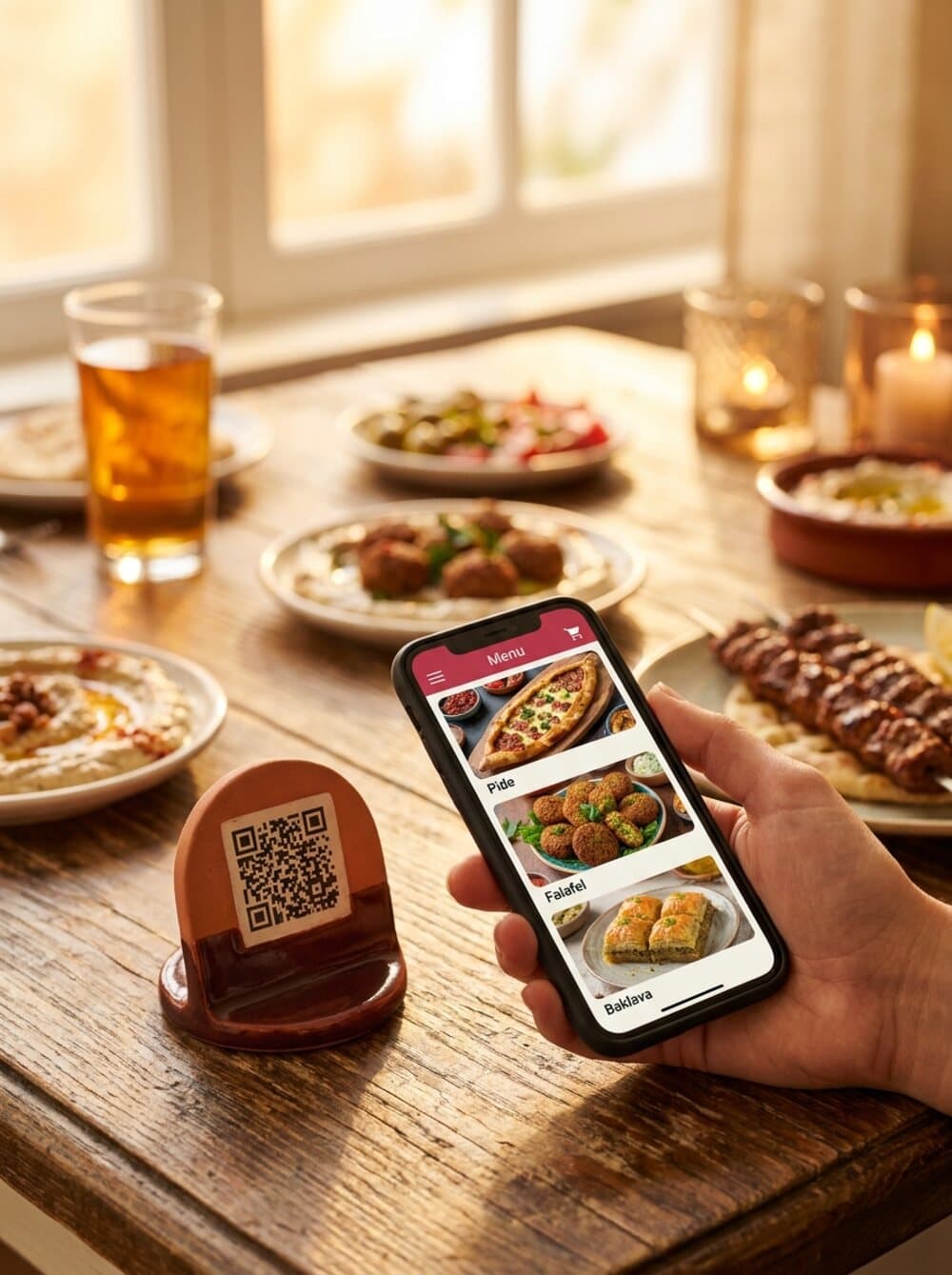 Restoran masasında QR menüyü telefondan görüntüleyen müşteri