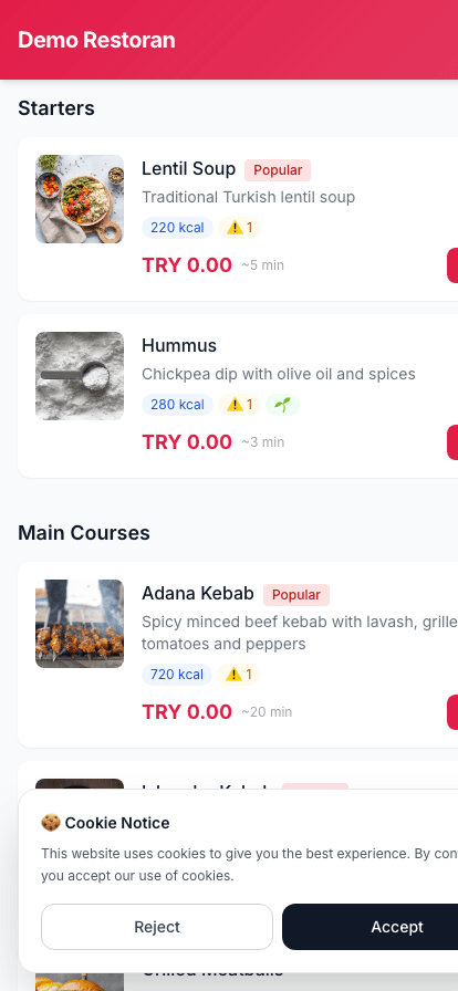Nar Menu — 5 dilli müşteri görünümü